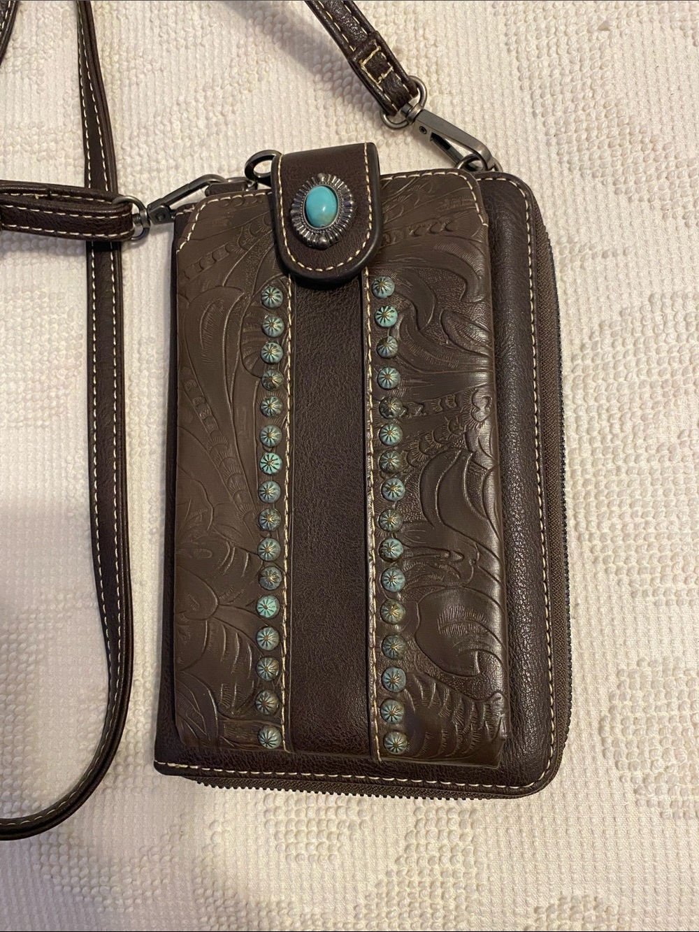 American Bling Brown Embossed Leather Wristlet Clutch with Turquoise Accents